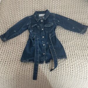 Zara Dark Blue Girls' Denim bow Dress with Waist Tie